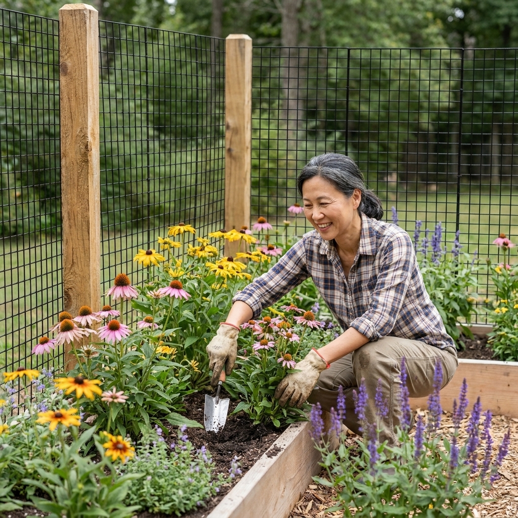A backyard flower garden enclosed with tall black deer fencing and sturdy corner posts, with perennial beds visible inside