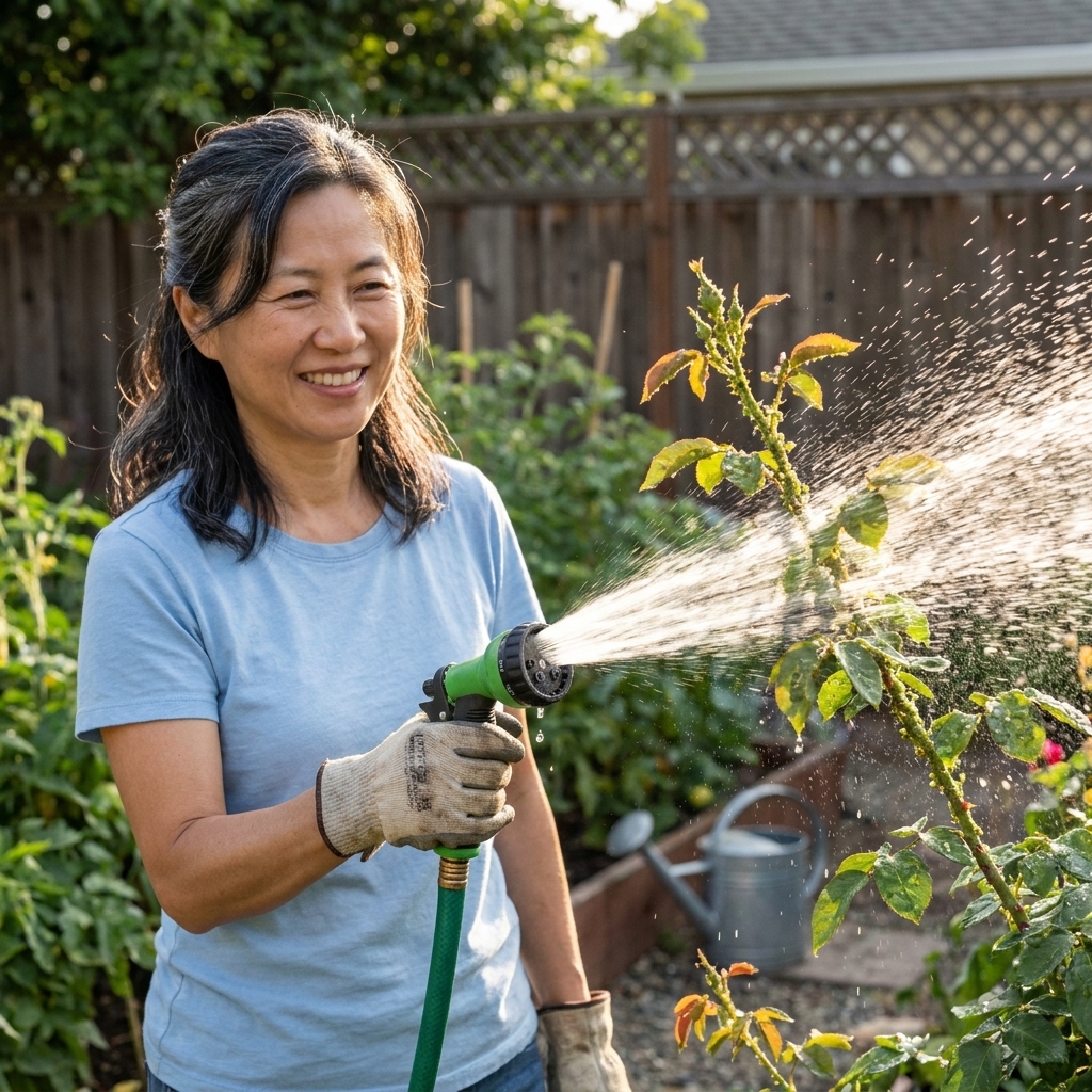 A backyard garden photo of a hand spraying a plant with a hose, water hitting leaves and stems where aphids gather