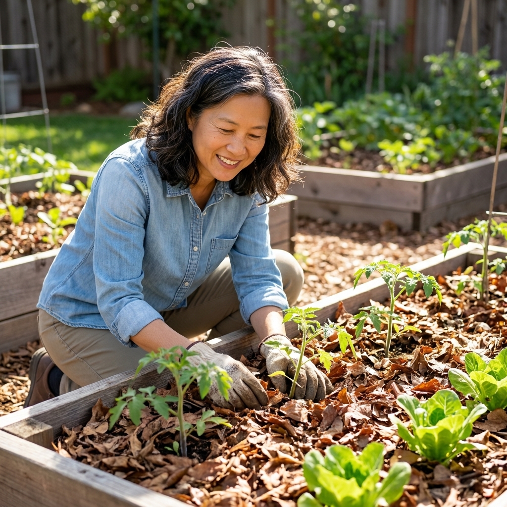 A backyard vegetable bed with soil covered in a layer of leaf mulch, with young vegetable plants growing through the mulch on a sunny day