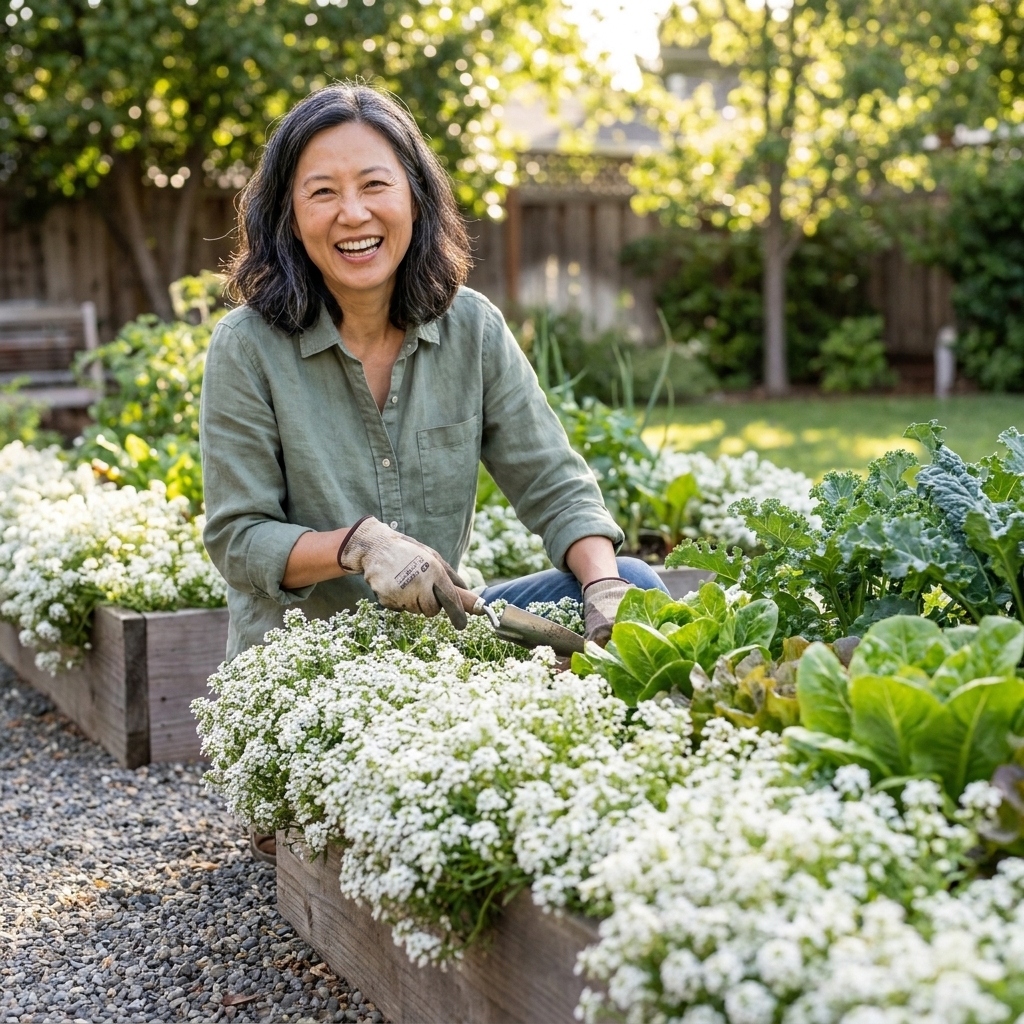 A backyard vegetable garden bed with a thick border of white sweet alyssum flowers spilling over the edge beside leafy green crops