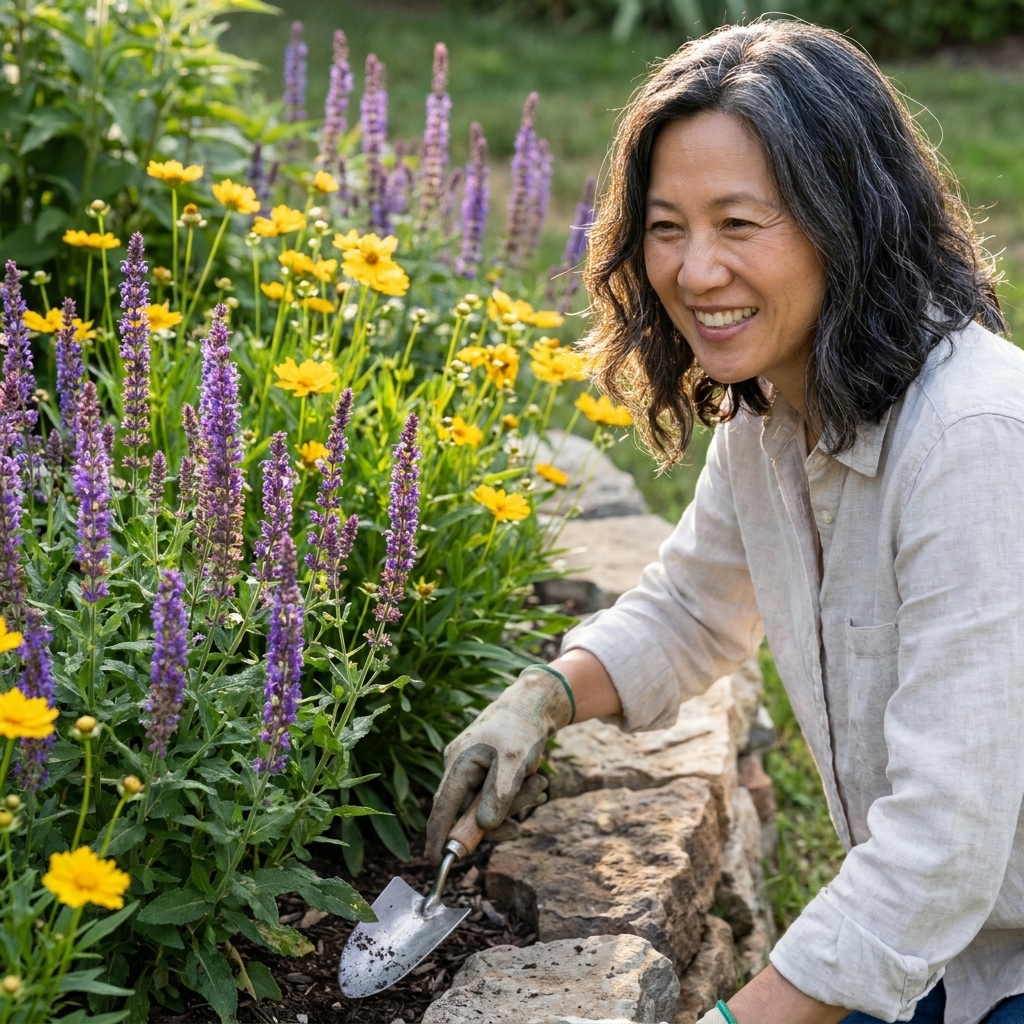 A bright garden bed featuring purple salvia and yellow coreopsis blooming together in summer, with green foliage and a simple stone edging