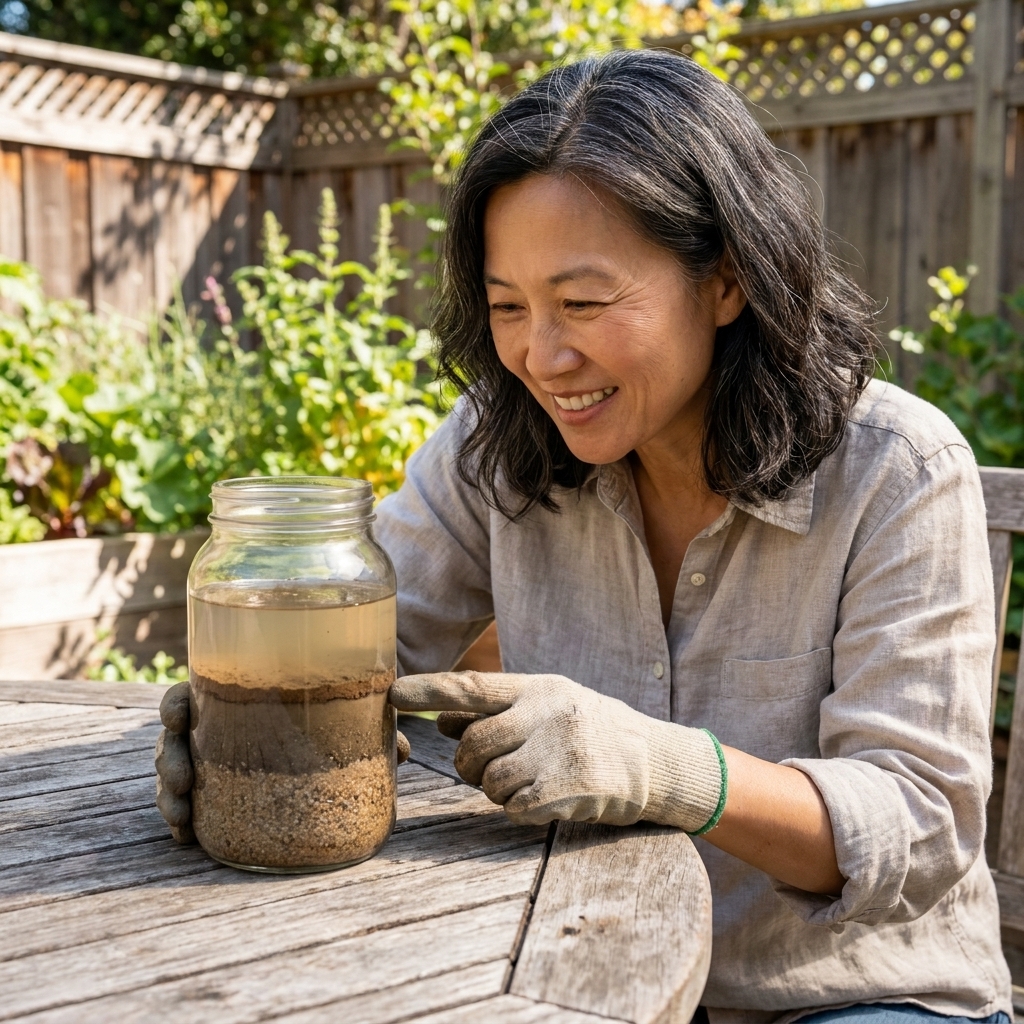 A clear glass jar on an outdoor table showing settled soil layers of sand, silt, and clay after a jar test