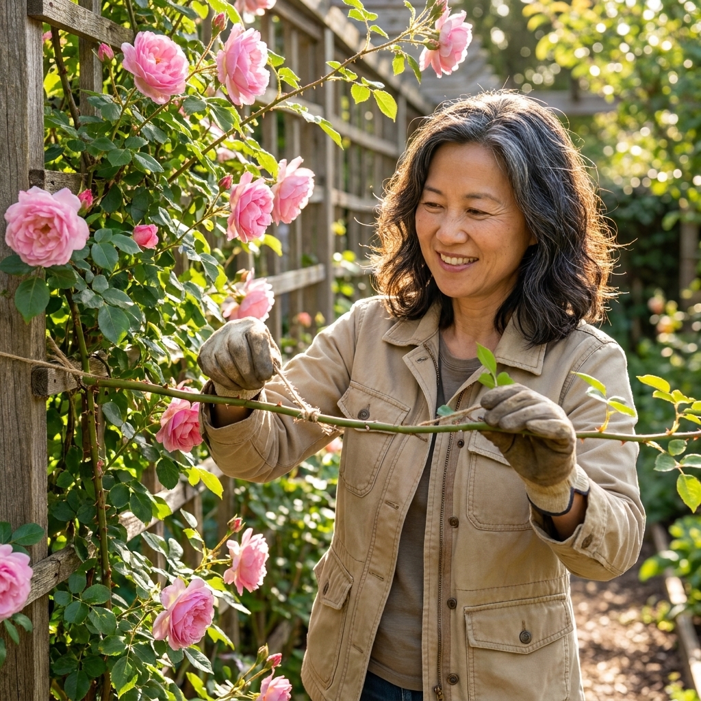 A climbing rose with long canes tied horizontally along a wooden trellis in a sunny garden