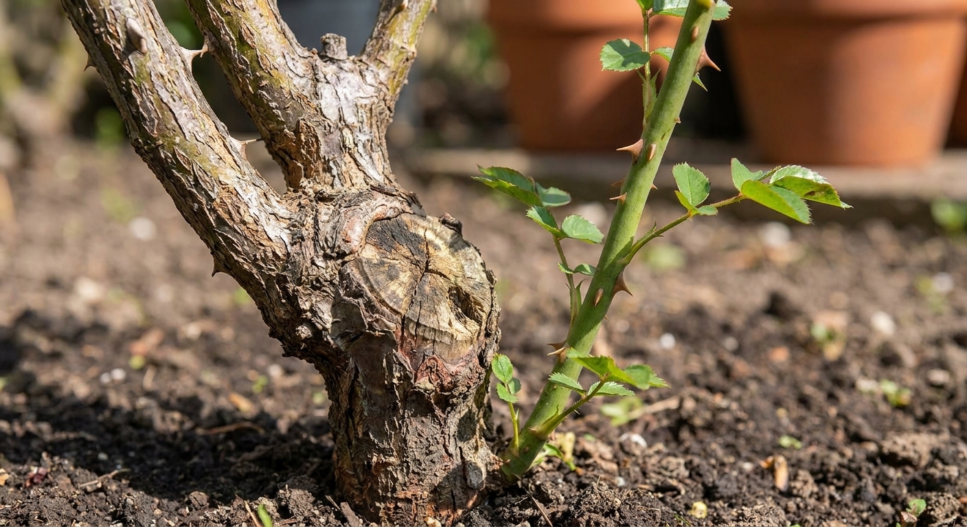 A close photo of a rose plant base showing a graft union and a vigorous sucker shoot emerging from below the graft