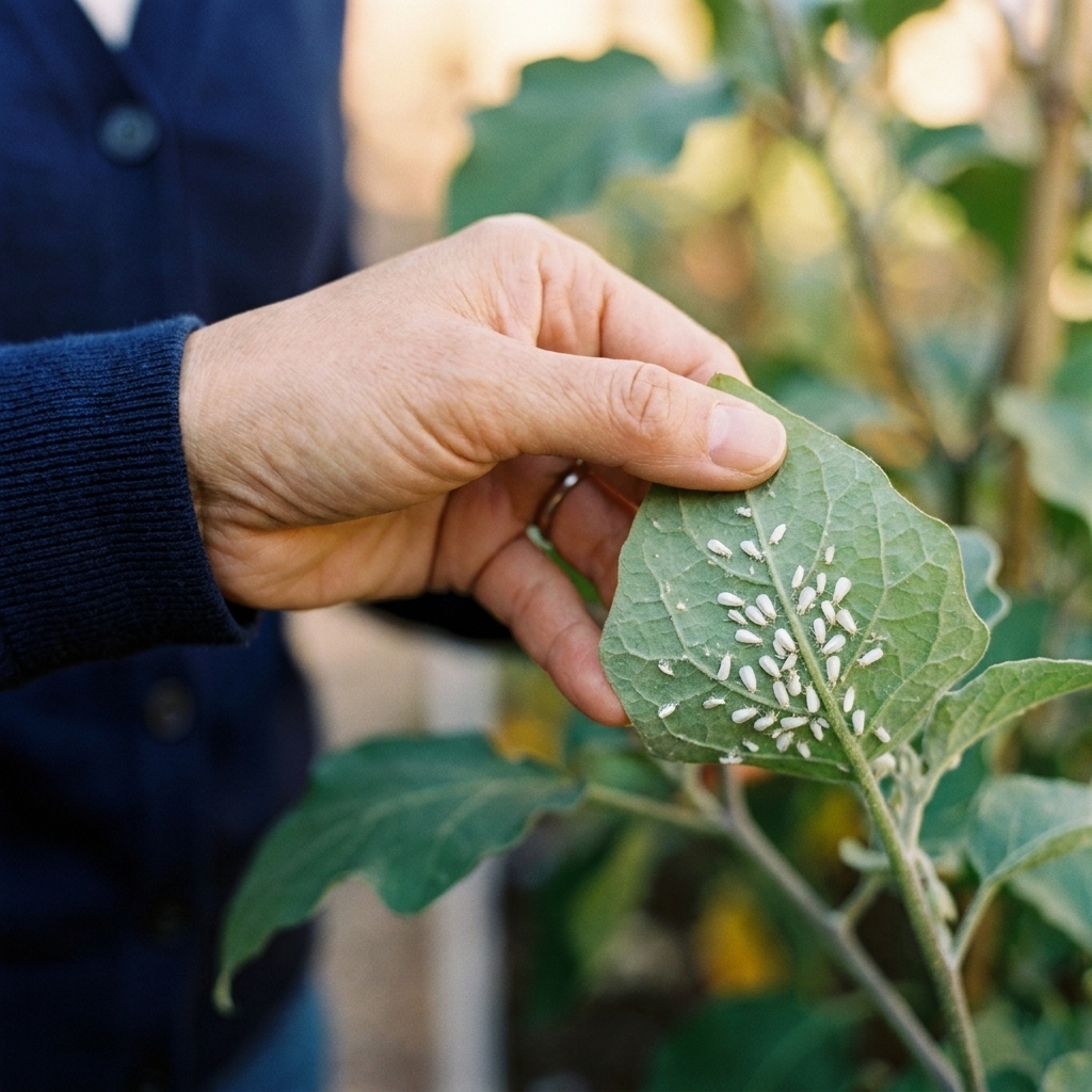 A close-up of a hand gently lifting a leaf to reveal small whiteflies clustered on the underside