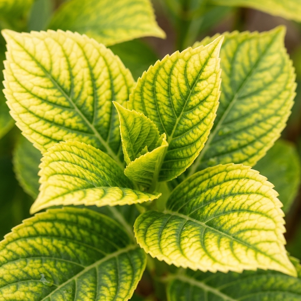 A close-up of fresh hydrangea leaves showing bright yellow tissue between distinct green veins on the newest growth
