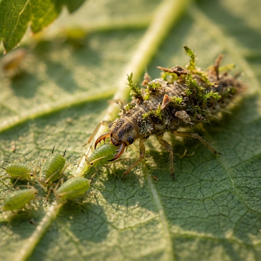A close-up photograph of a lacewing larva on a green leaf near a few aphids, showing natural predator behavior