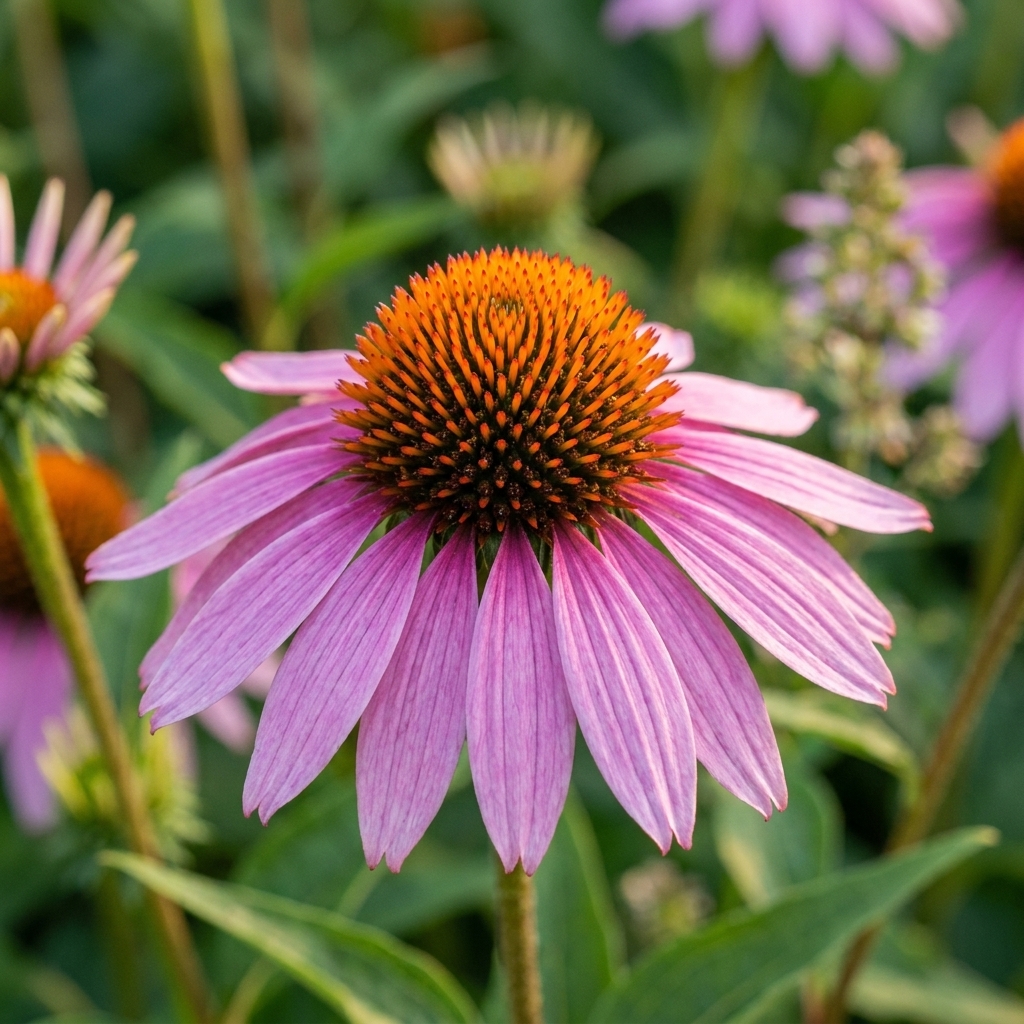 A close view of a purple coneflower with a raised orange cone center and pink-purple petals in a summer garden