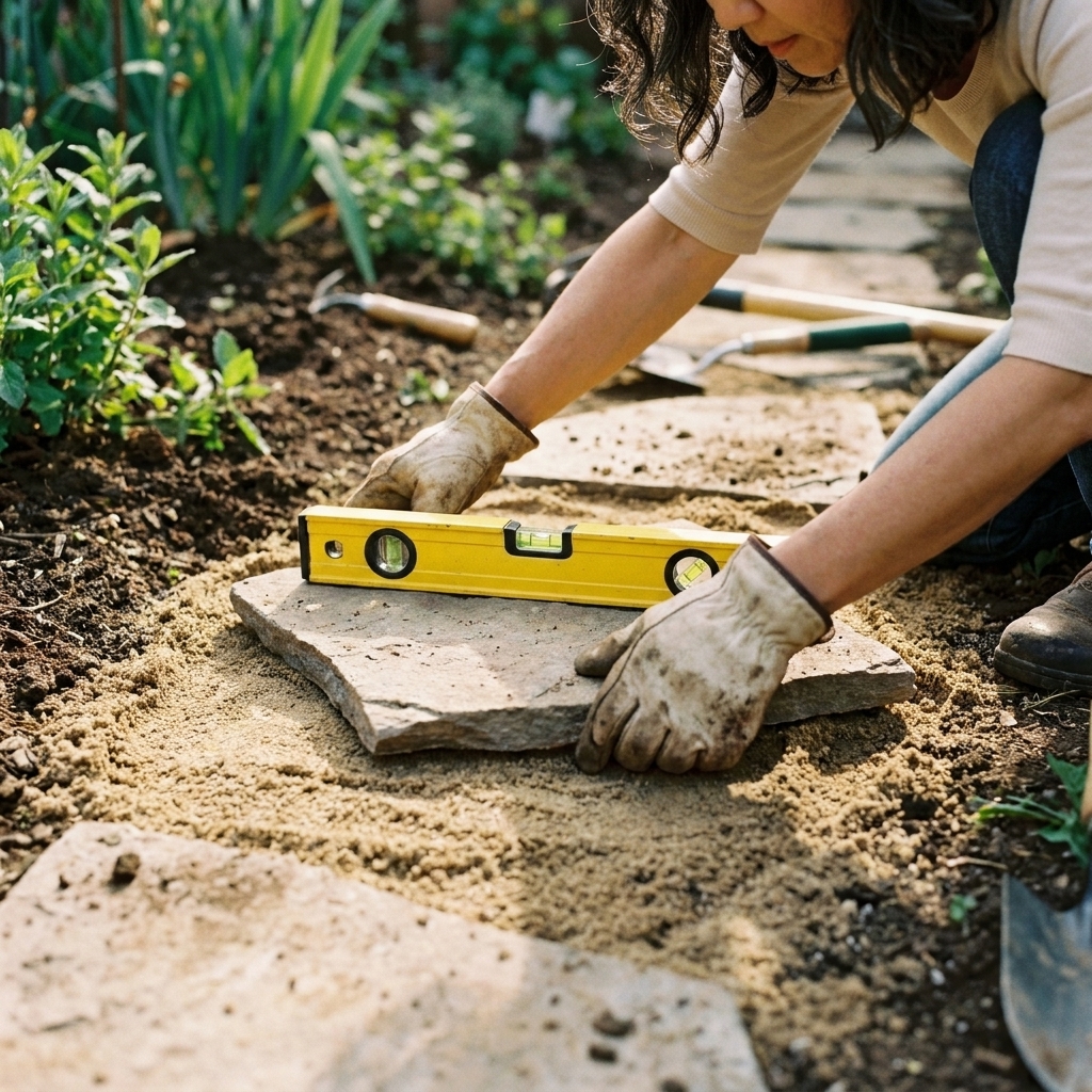 A close view of hands setting a flat stepping stone into a shallow excavated bed of sand in a garden, with a small level resting on the stone