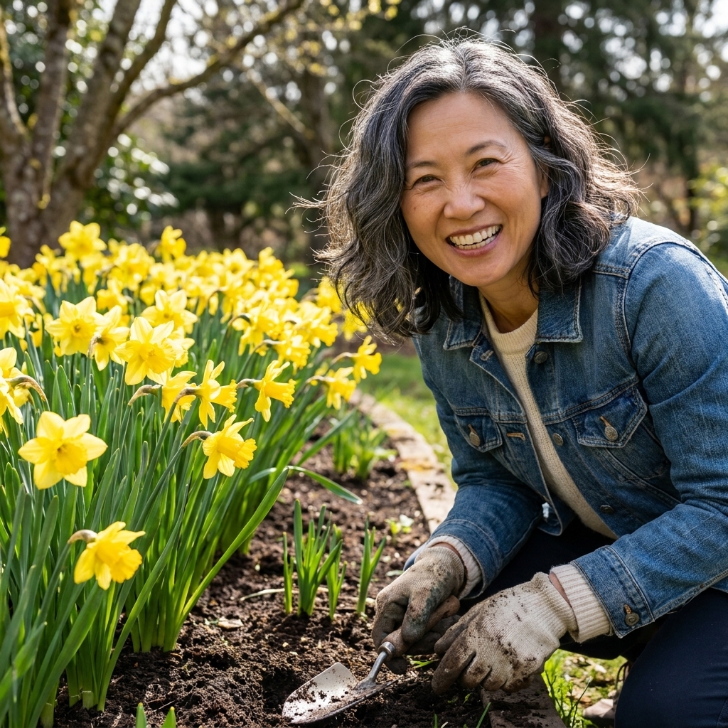 A cluster of bright yellow daffodils blooming in early spring along the edge of a garden bed