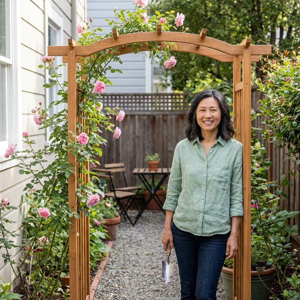 A compact garden arch over a narrow path in a tiny backyard, with a young climbing rose trained along the sides and a small seating area beyond