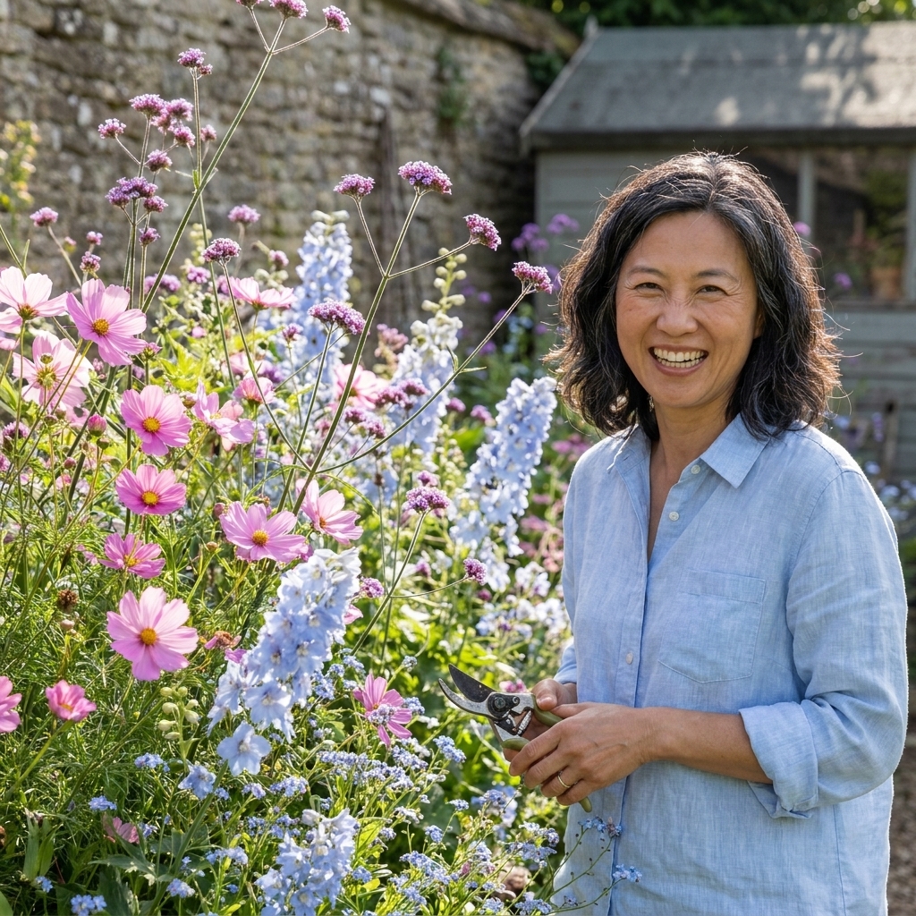 A cottage-style flower bed with pink cosmos, purple verbena, and soft blue flowers weaving together in a loose, naturalistic planting