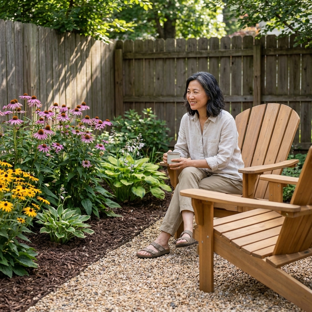 A cozy backyard corner with two simple outdoor chairs on a small gravel pad beside a mulched planting bed with flowering perennials