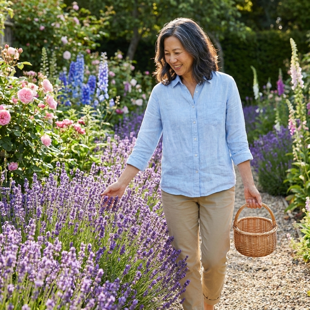 A dense row of blooming lavender plants edging a sunny cottage-style garden path with mixed perennials behind