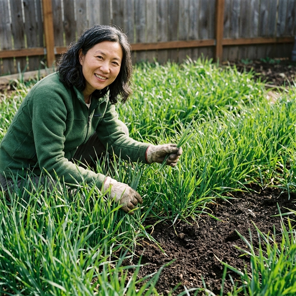 A dense stand of winter rye growing in a home garden plot with dark soil visible beneath the green blades