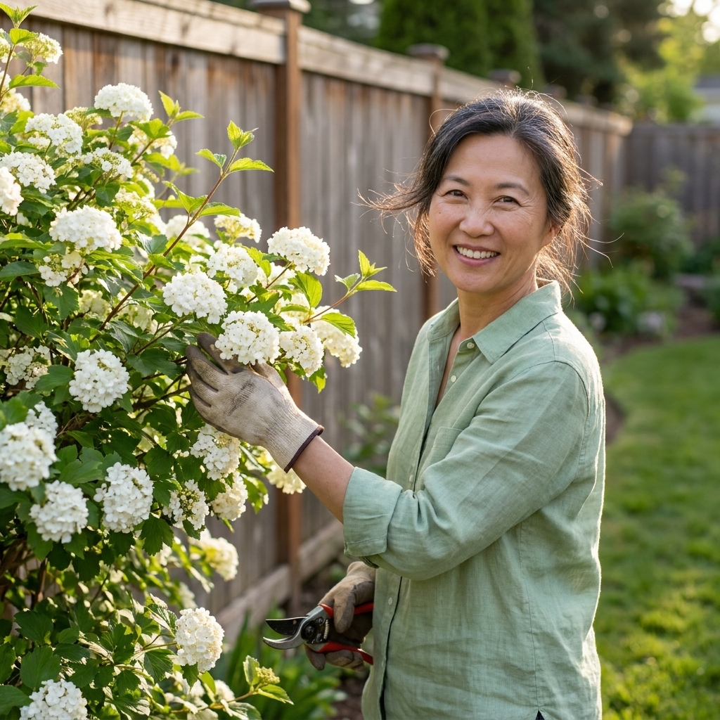 A dense viburnum shrub with white spring flower clusters and fresh green leaves along a backyard property line