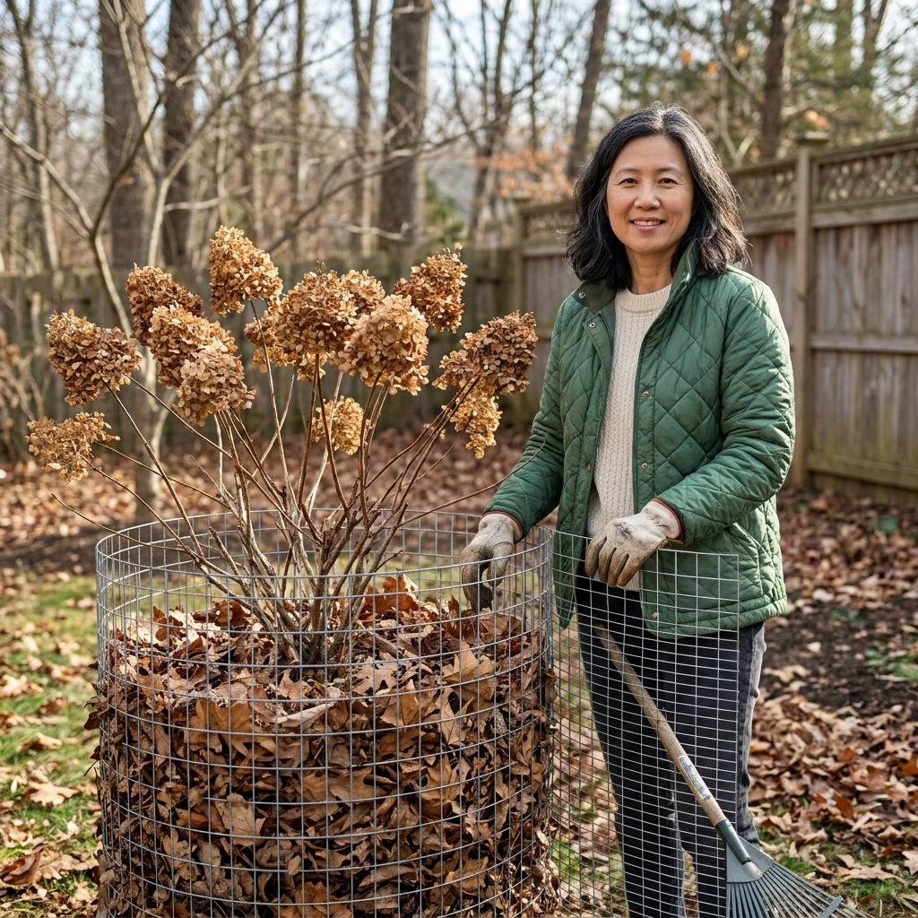 A dormant hydrangea shrub surrounded by a wire cage filled with dry leaves for winter insulation in a backyard garden