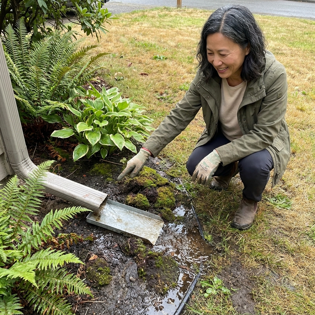 A downspout outlet spilling onto a small section of yard where soil is darker and wetter, indicating a moist microclimate