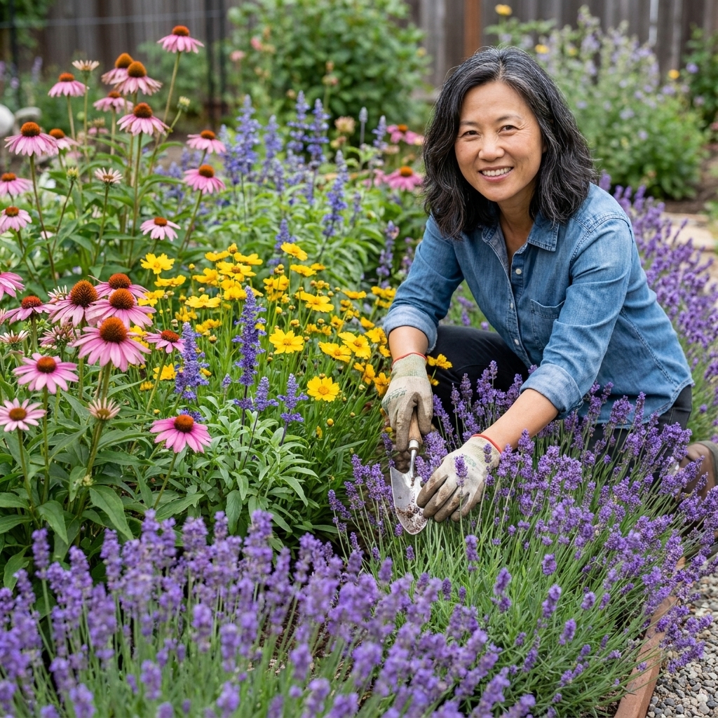 A flower bed edged with blooming lavender plants forming a fragrant border around mixed perennials