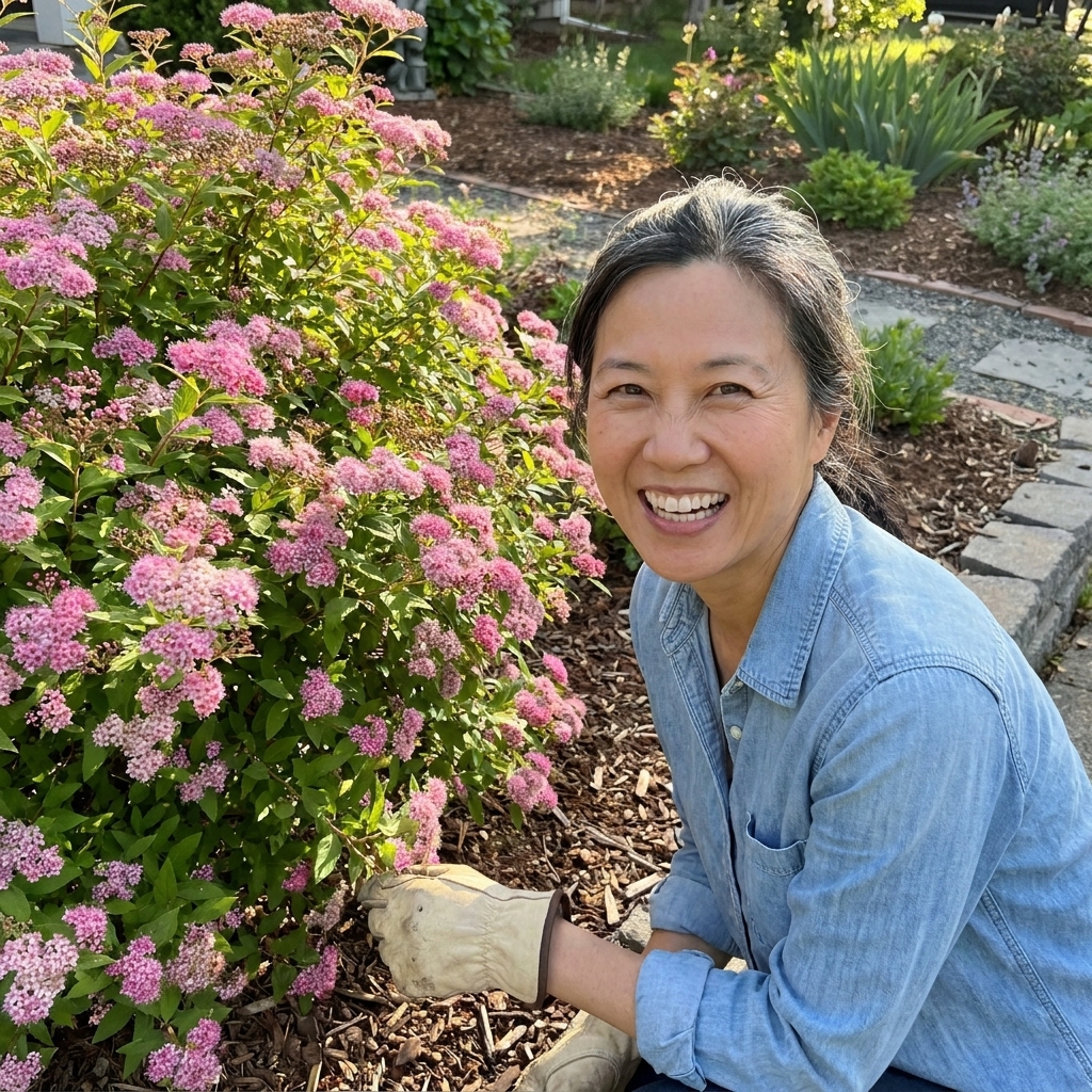 A flowering spirea shrub covered in small pink blooms in a landscaped front yard garden bed