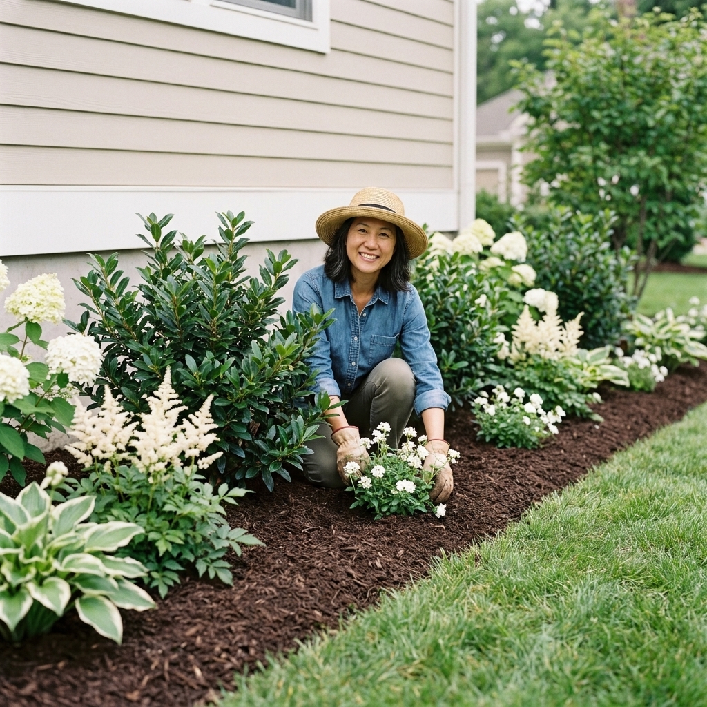 A foundation planting with inkberry holly shrubs, white flowering perennials, and a tidy mulch edge along a house