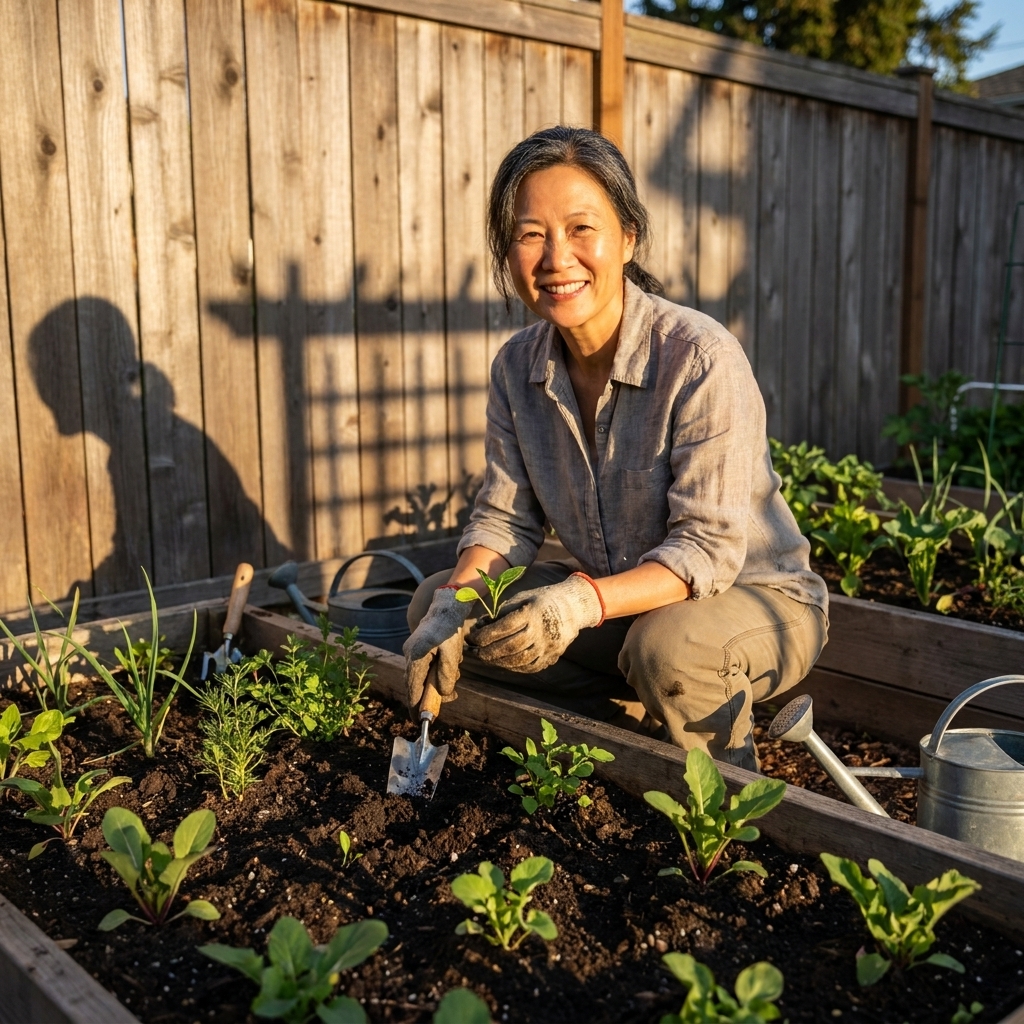 A garden bed next to a fence with long late afternoon shadows stretching across the soil and small plants