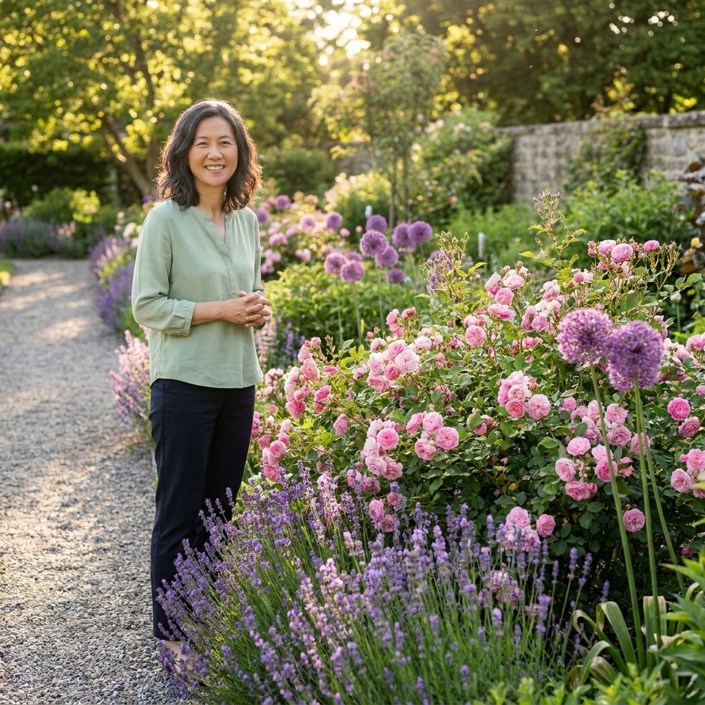 A garden bed with pink shrub roses surrounded by lavender and purple allium blooms, with a gravel path beside the planting