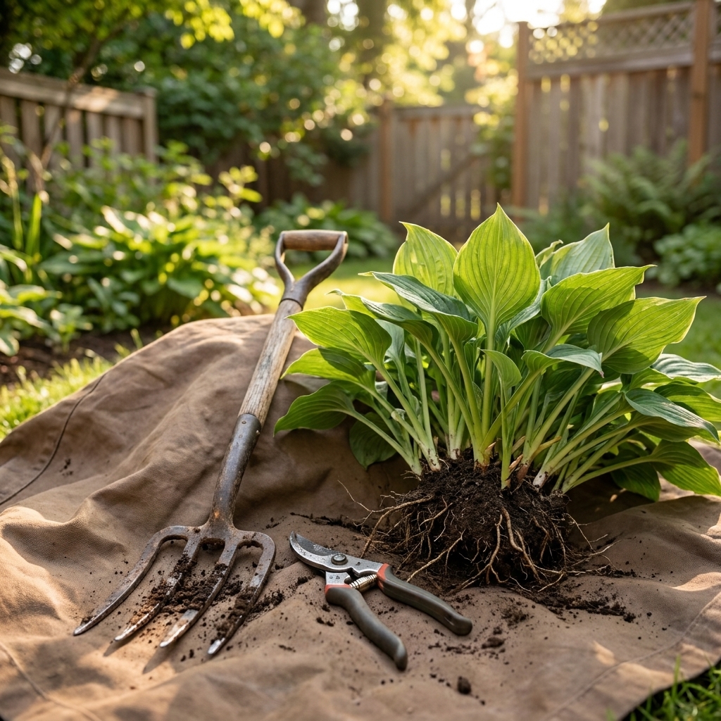 A garden fork and pruners beside a freshly lifted hosta clump on a tarp in a backyard garden