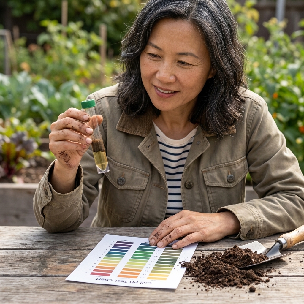 A garden soil pH test vial next to a printed color chart on a wooden table, with a small pile of soil nearby