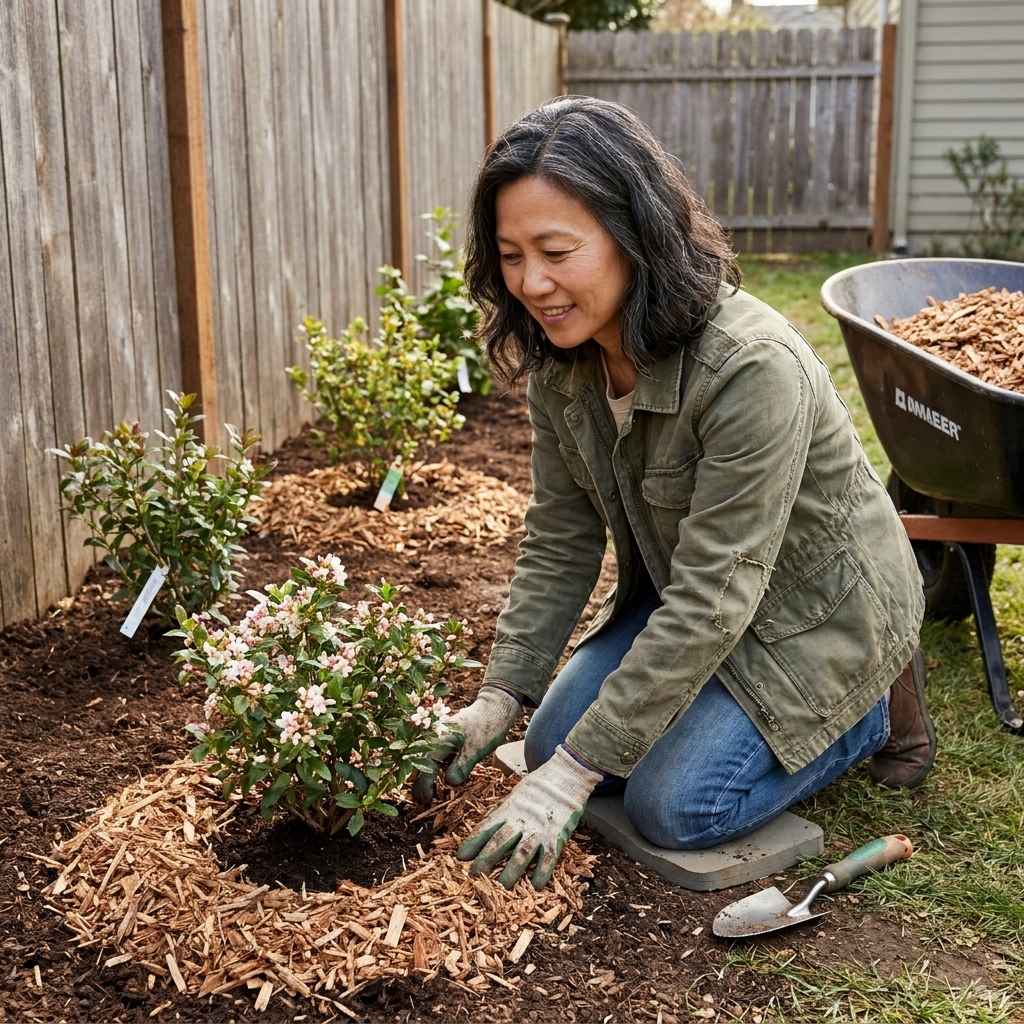 A gardener applying a neat ring of wood-chip mulch around newly planted flowering shrubs along a fence line