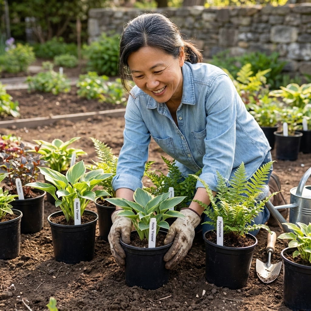A gardener arranging potted perennials on bare soil to test spacing before planting, with tags visible on plant pots