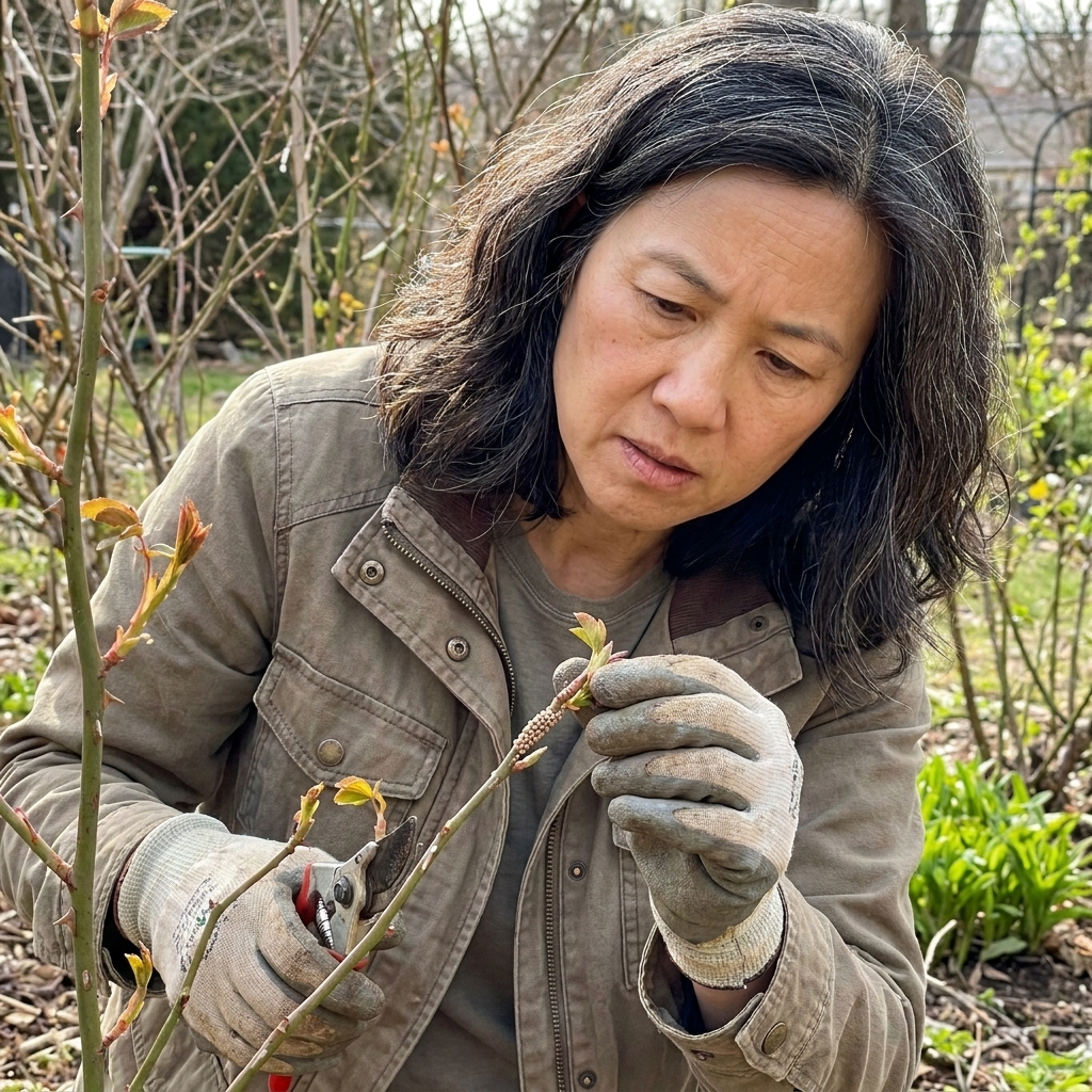 A gardener examining rose stems in early spring and spotting tiny pest eggs near buds, with gloved hands holding a pruner