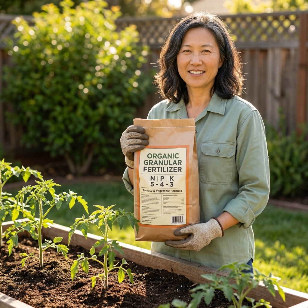 A gardener holding a granular fertilizer bag with an NPK analysis panel visible, standing in a backyard near a garden bed