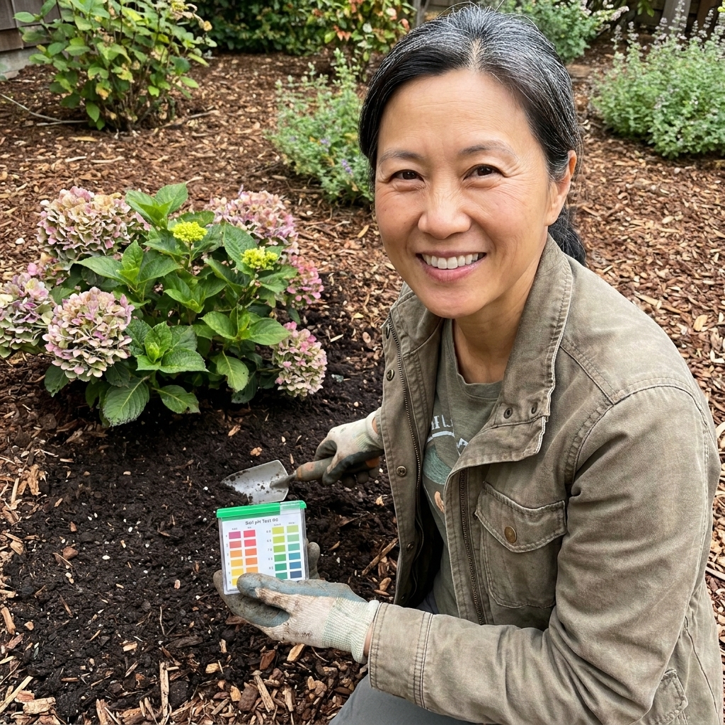 A gardener holding a simple soil pH test kit next to a hydrangea bed, with dark soil and mulch visible