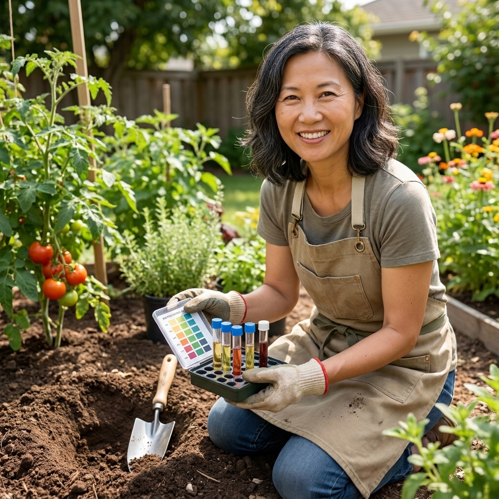 A gardener holding a soil test kit beside a small dug soil sample in a backyard garden