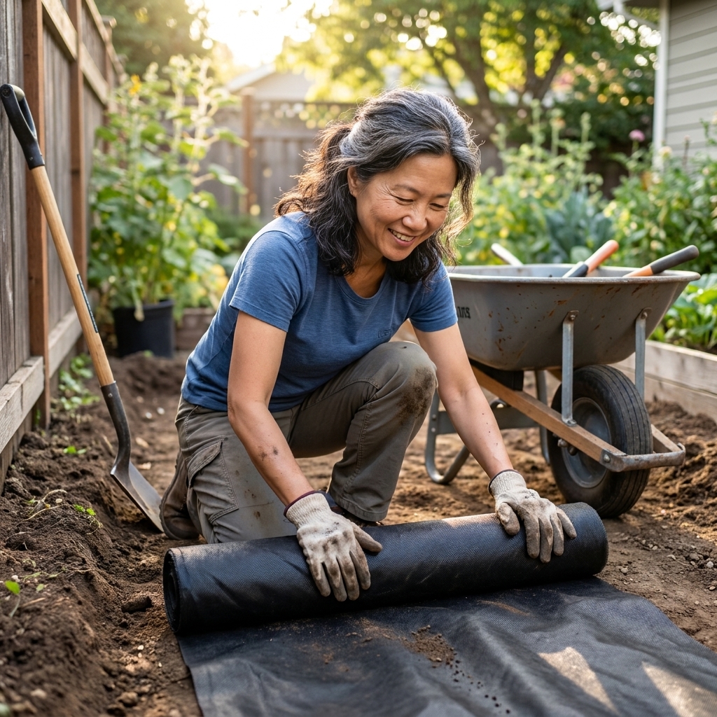 A gardener kneeling in a backyard trench, rolling out permeable landscape fabric for a future gravel path with a wheelbarrow and hand tamper nearby