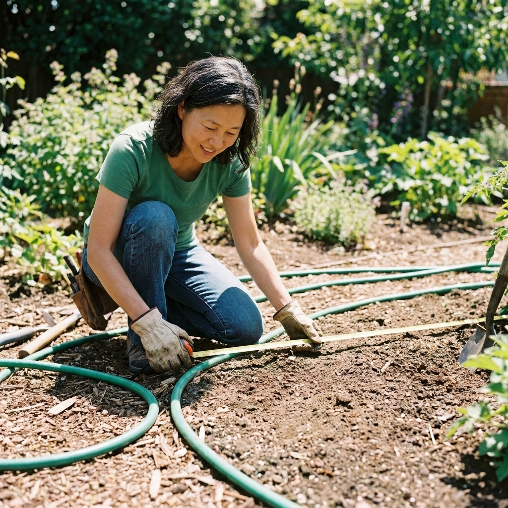 A gardener measuring a curved garden bed edge with a tape measure next to a coiled hose used to outline the shape