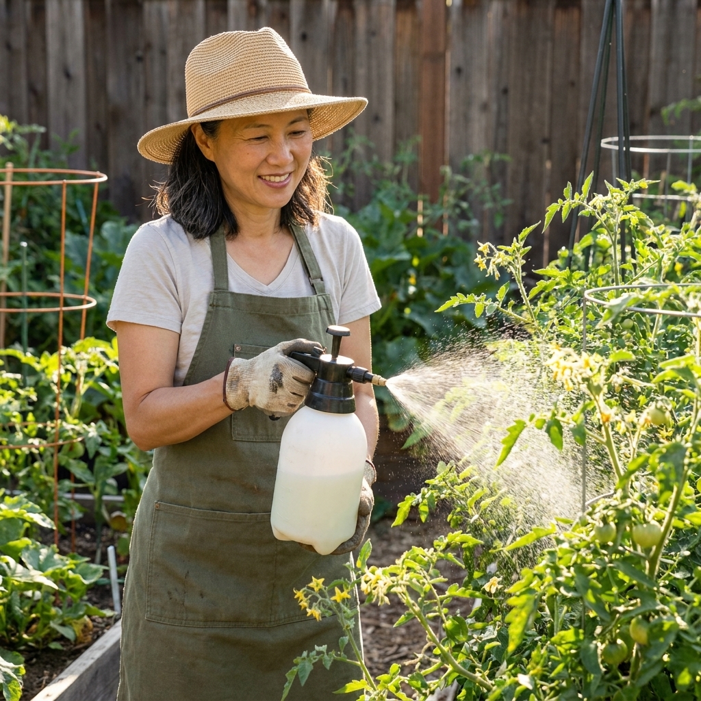 A gardener spraying a diluted milk mixture onto tomato plant leaves in a sunny backyard vegetable bed