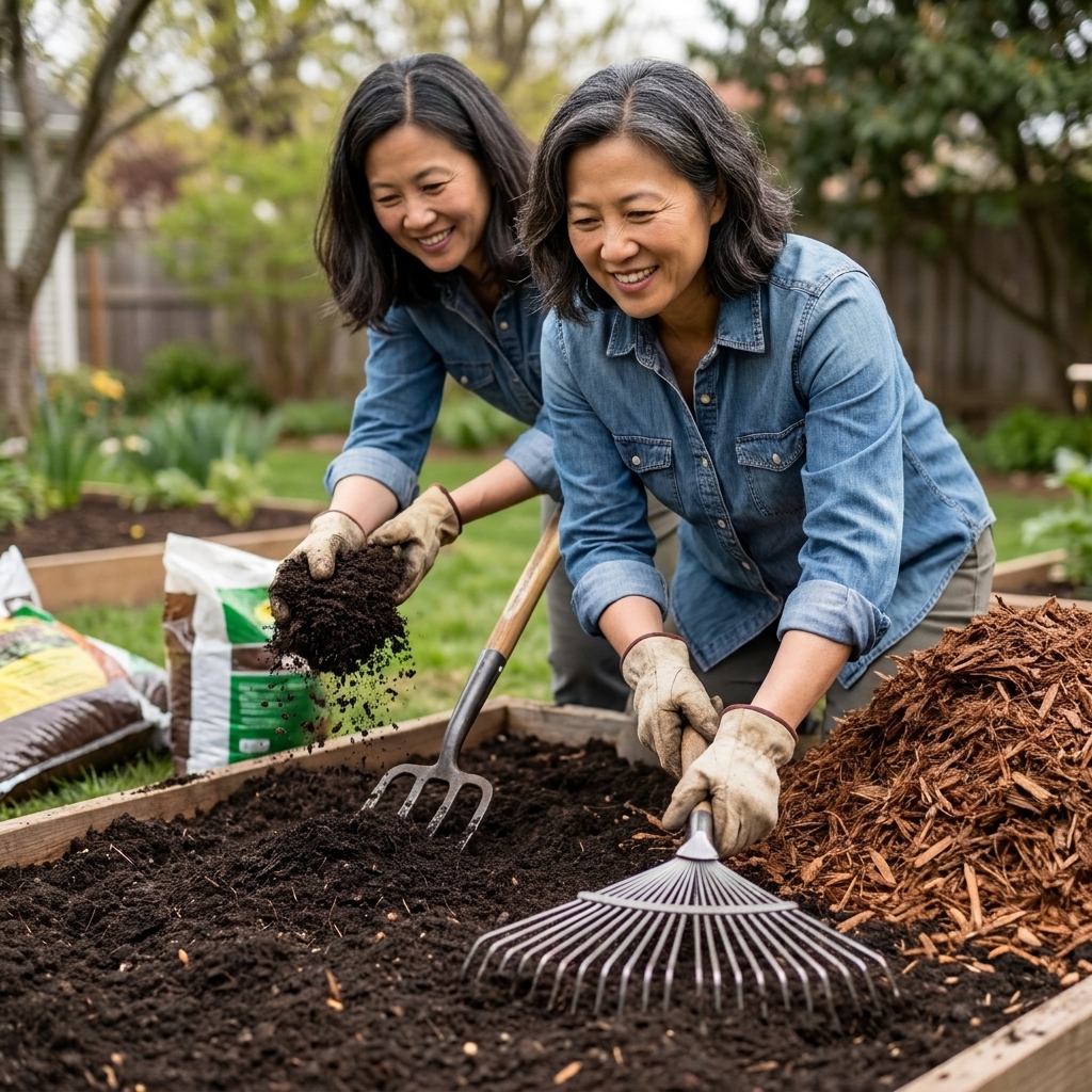 A gardener spreading dark compost over a new flower bed and raking it smooth before adding a layer of shredded bark mulch