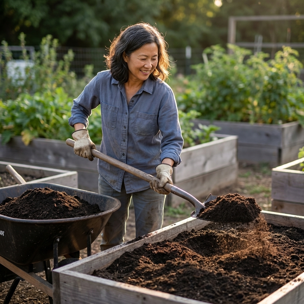 A gardener spreading finished compost in an even layer across a raised garden bed with a shovel on a calm afternoon