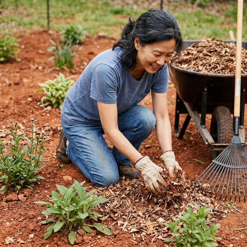 A gardener spreading shredded leaf mulch around young perennials in a clay soil bed, with a wheelbarrow and rake nearby