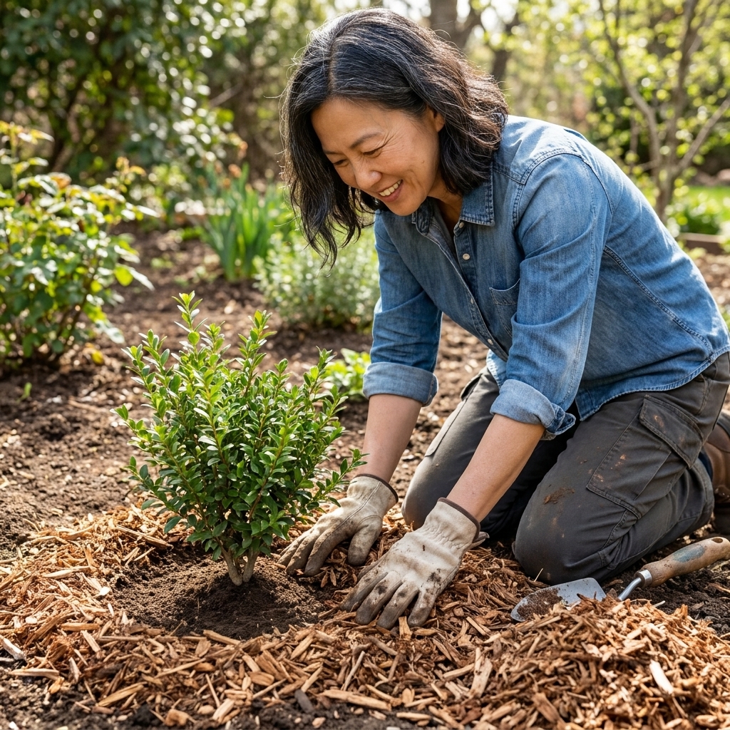 A gardener spreading wood chip mulch in a neat ring around a small shrub, leaving bare space around the stem