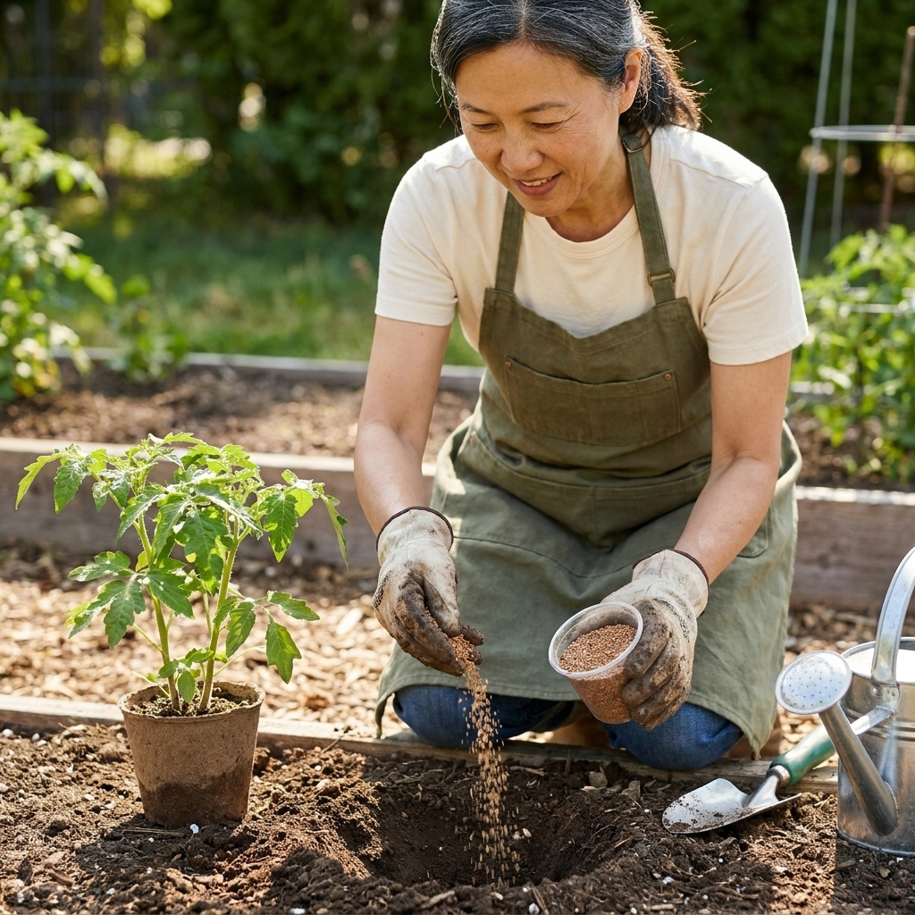A gardener sprinkles granular mycorrhizal inoculant into a planting hole before setting in a young plant