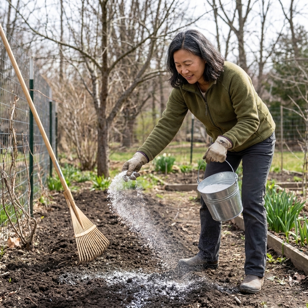A gardener sprinkling garden lime from a small bucket across a bare garden bed in early spring, with a rake resting nearby