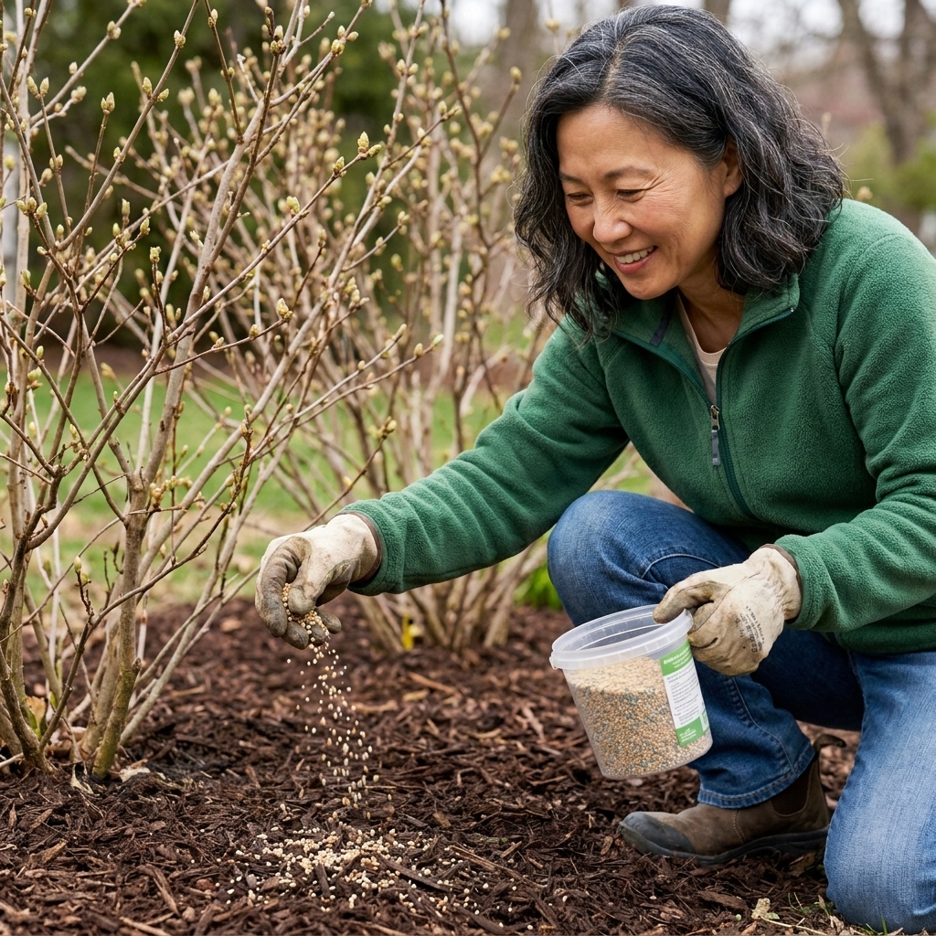 A gardener sprinkling slow-release granular fertilizer evenly under a mulched shrub bed in early spring