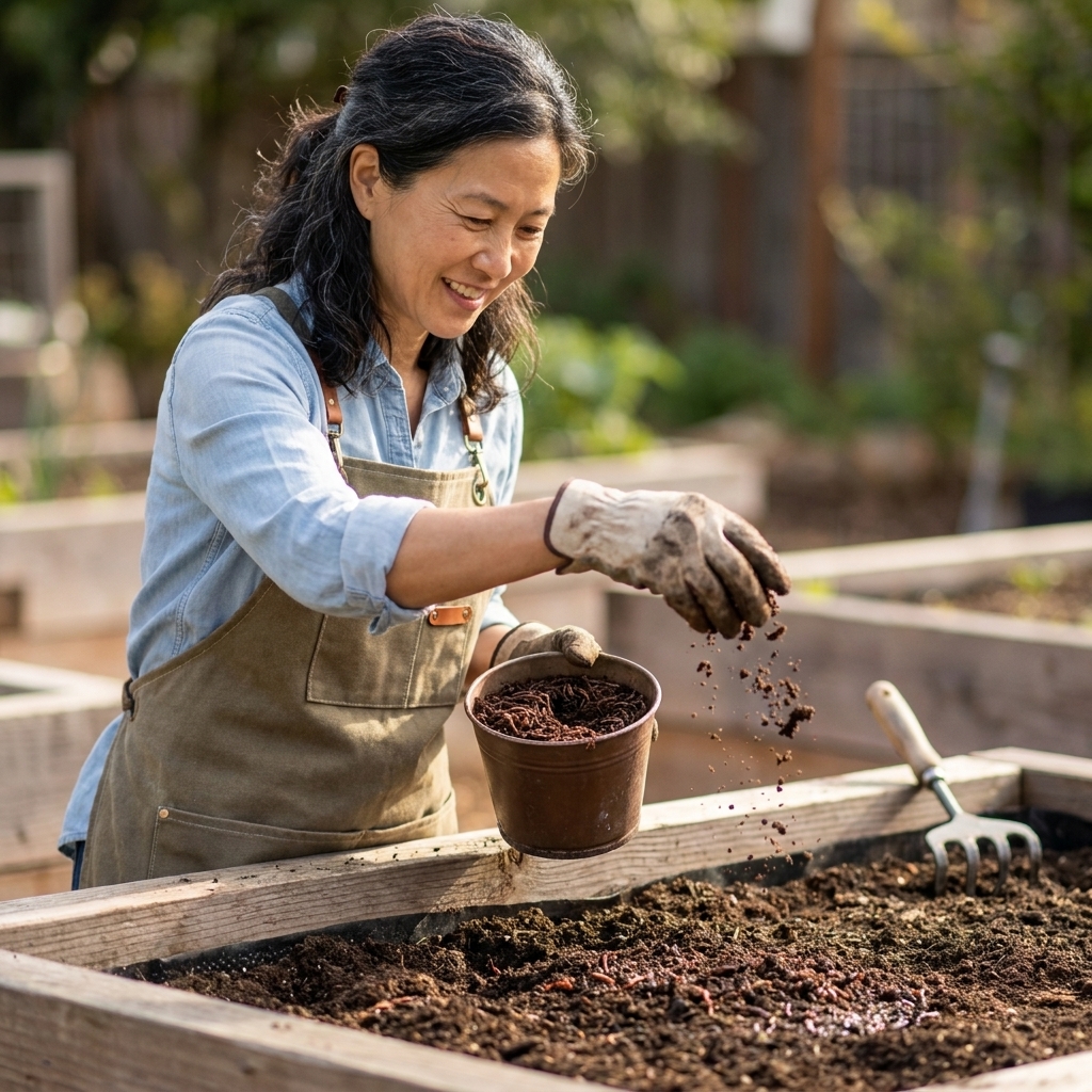 A gardener sprinkling worm castings evenly across the surface of a raised garden bed before gently raking them in