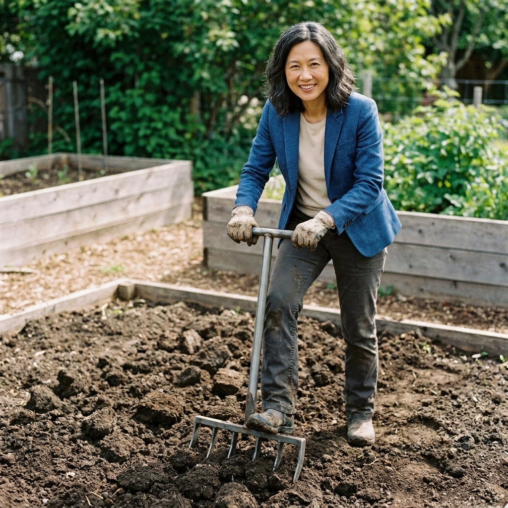 A gardener standing on a broadfork to loosen compacted soil in a cleared planting area, with clods gently lifted but not turned over