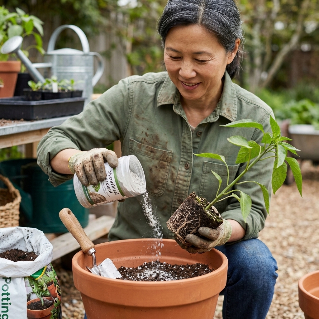 A gardener transplants a pepper seedling into a container and dusts the root ball with mycorrhizal inoculant before adding potting mix