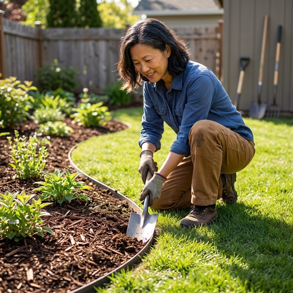 A gardener using a flat spade to cut a clean curved edge between lawn and a freshly mulched garden bed in a backyard