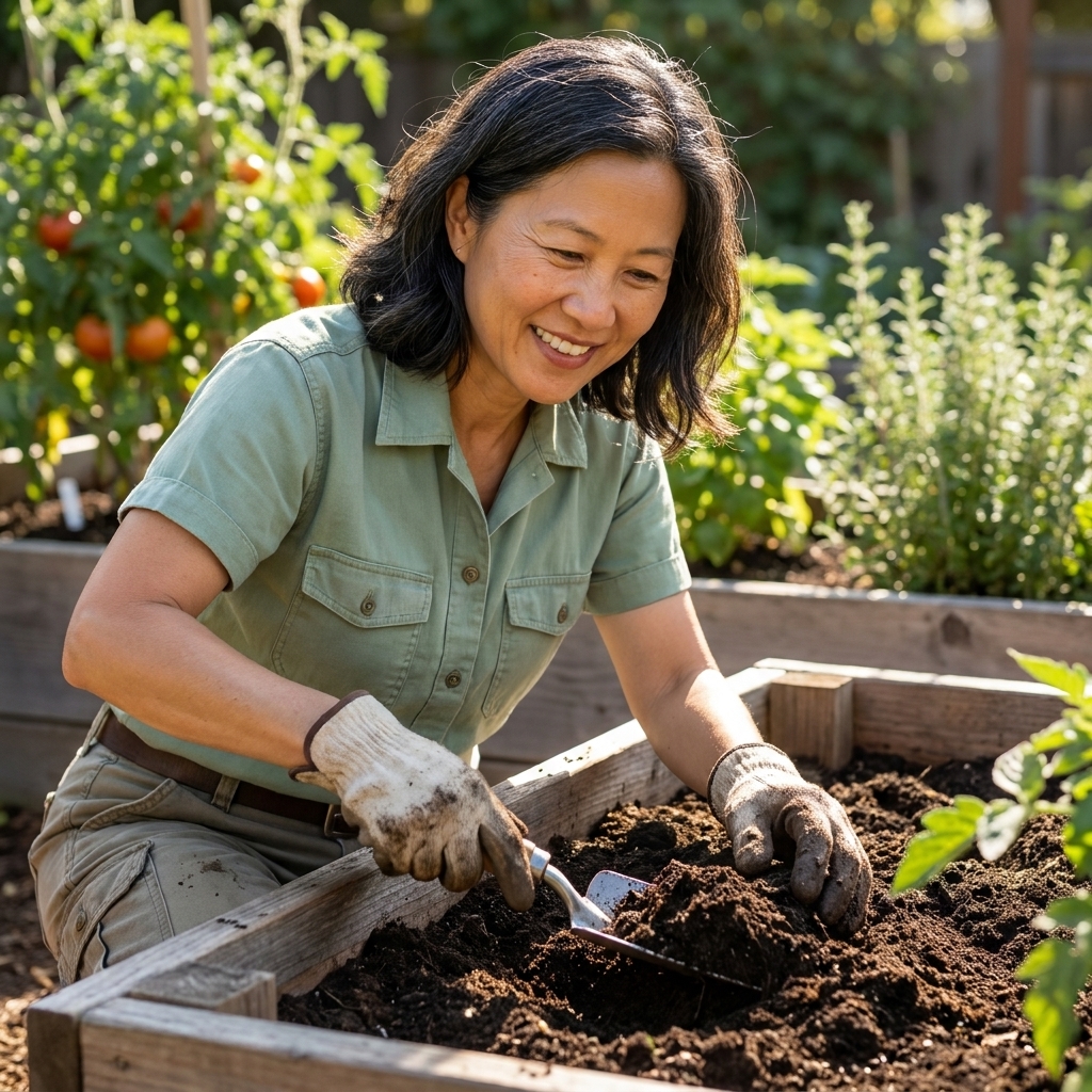 A gardener using a hand trowel to mix dark compost into the top layer of soil in a raised garden bed on a sunny day